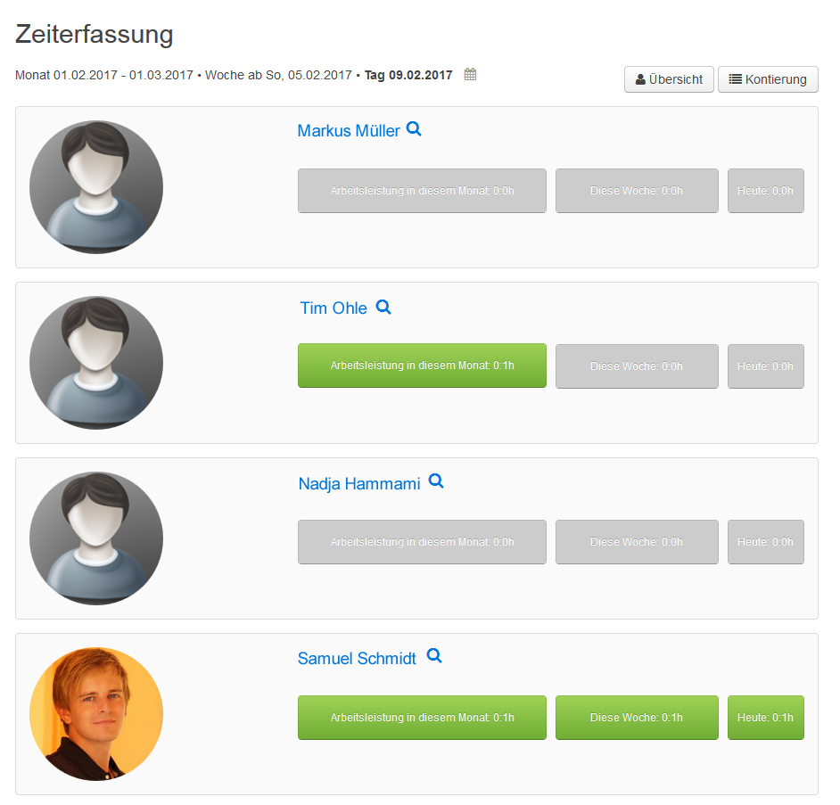 Timesheet: overview of all service staff in the eCaupo Manager